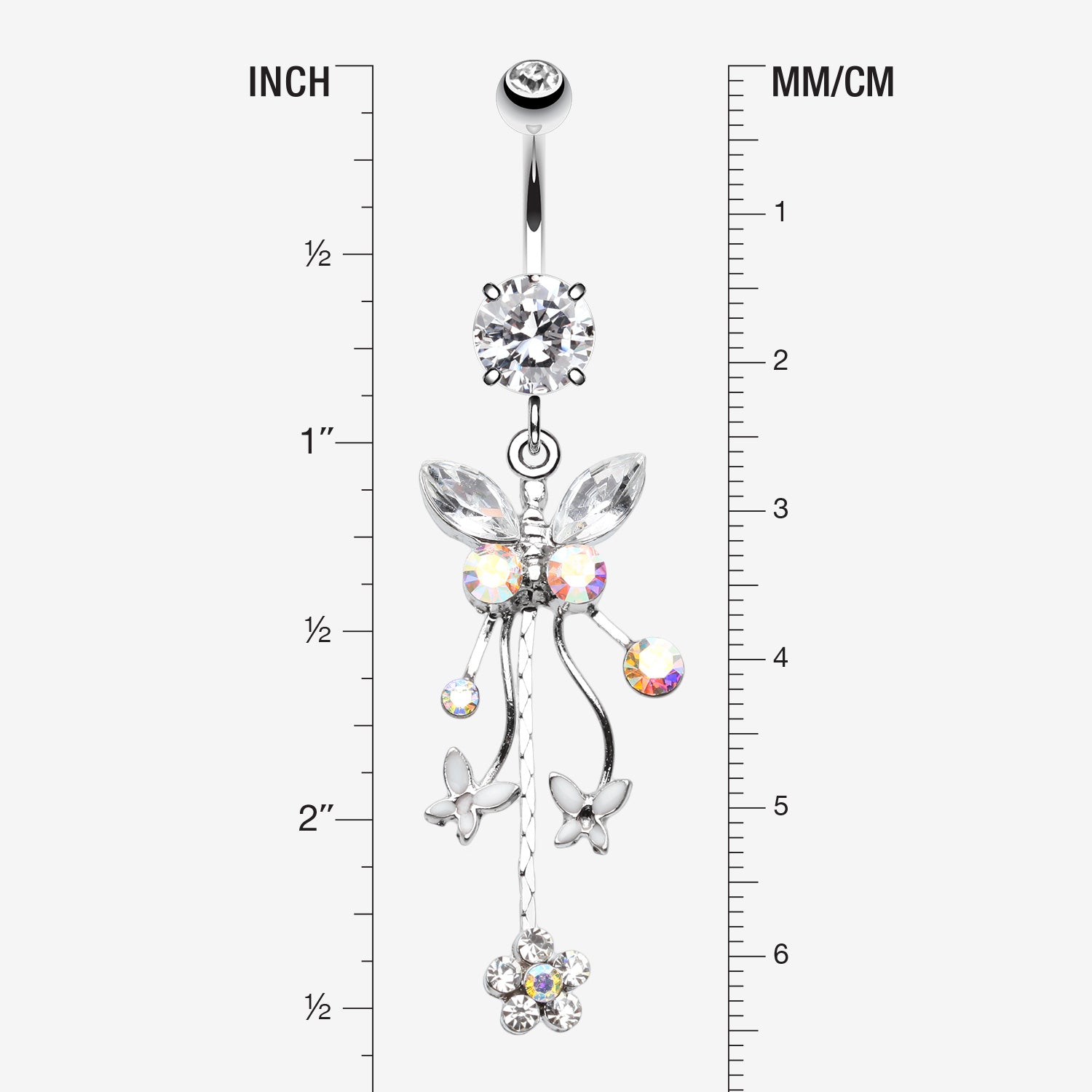 Detail View 1 of Butterfly Flower Garden Dangle Sparkle Belly Button Ring-Aurora Borealis/Clear Gem
