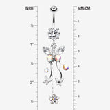 Detail View 1 of Butterfly Flower Garden Dangle Sparkle Belly Button Ring-Aurora Borealis/Clear Gem