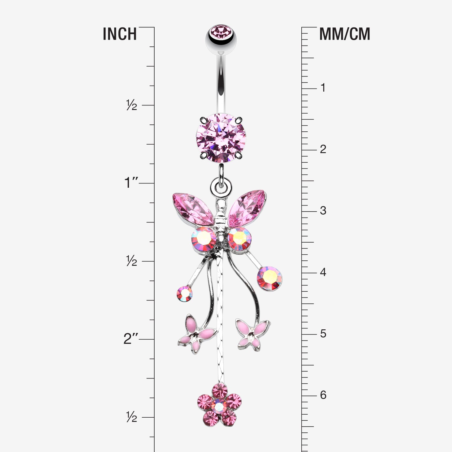 Detail View 1 of Butterfly Flower Garden Dangle Sparkle Belly Button Ring-Pink/Aurora Borealis