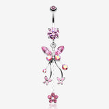 Butterfly Flower Garden Dangle Sparkle Belly Button Ring-Pink/Aurora Borealis