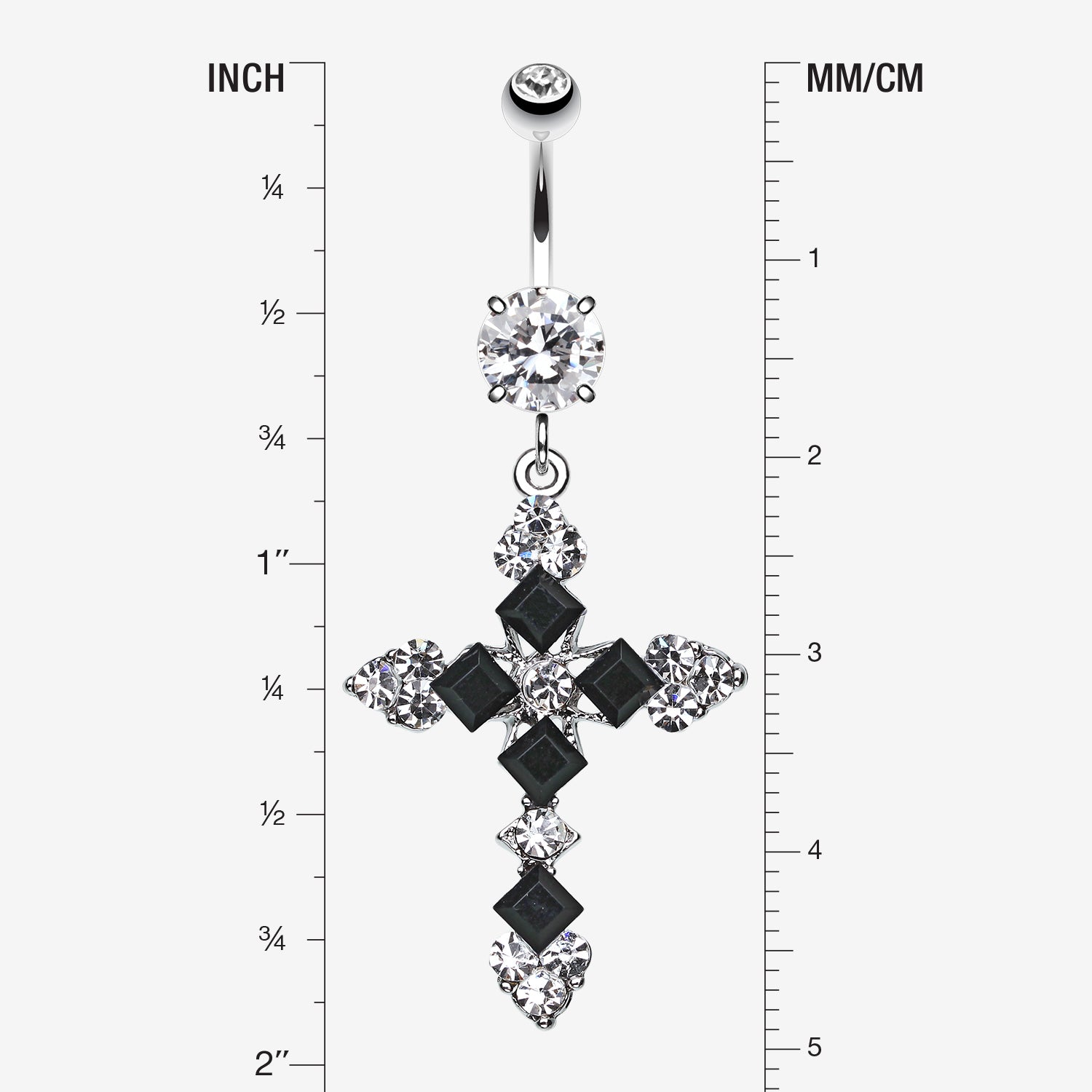 Detail View 1 of Princess Cut Cross Sparkle Belly Ring-Black/Clear Gem