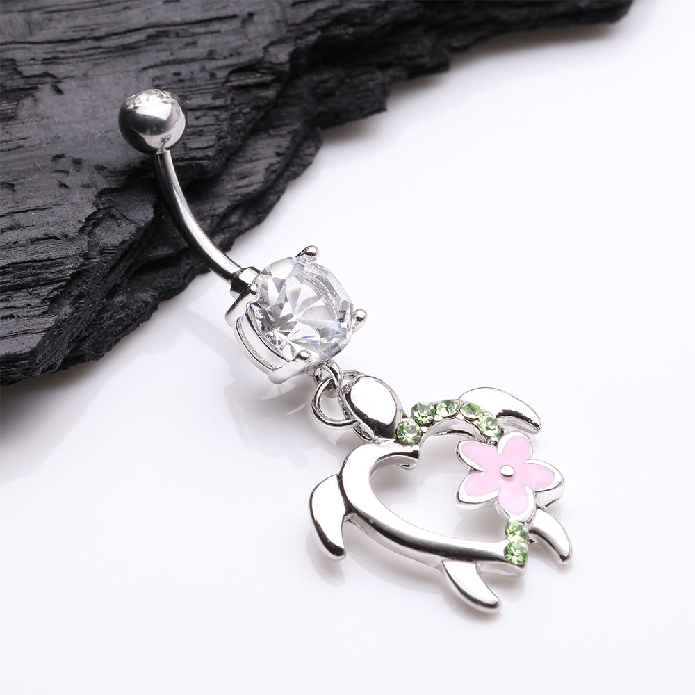 Detail View 2 of Hawaiian Flower Turtle Sparkle Belly Button Ring-Light Green/Clear Gem