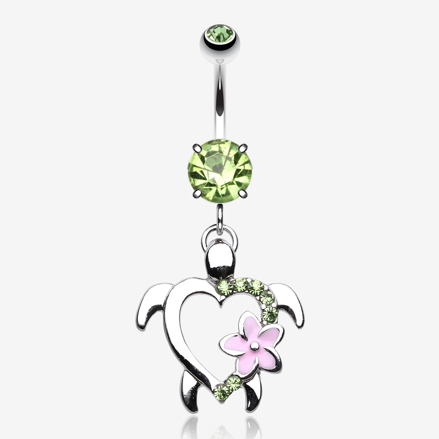 Hawaiian Flower Turtle Sparkle Belly Button Ring-Light Green