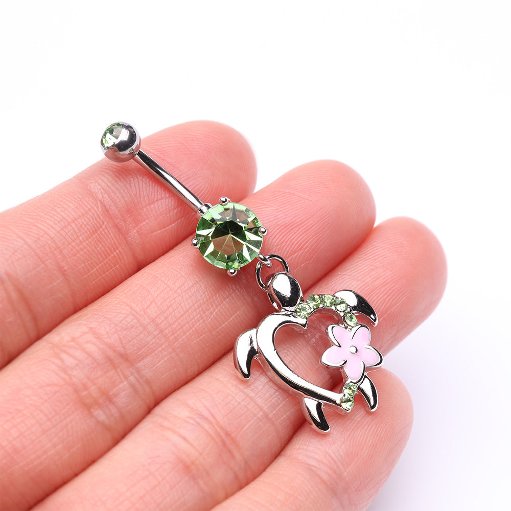Detail View 3 of Hawaiian Flower Turtle Sparkle Belly Button Ring-Light Green