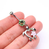 Detail View 3 of Hawaiian Flower Turtle Sparkle Belly Button Ring-Light Green