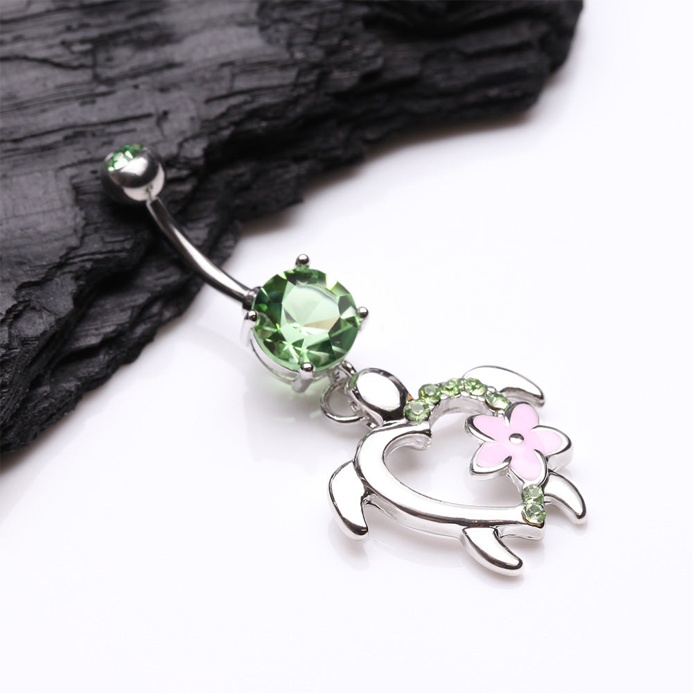Detail View 2 of Hawaiian Flower Turtle Sparkle Belly Button Ring-Light Green