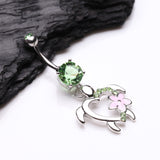 Detail View 2 of Hawaiian Flower Turtle Sparkle Belly Button Ring-Light Green
