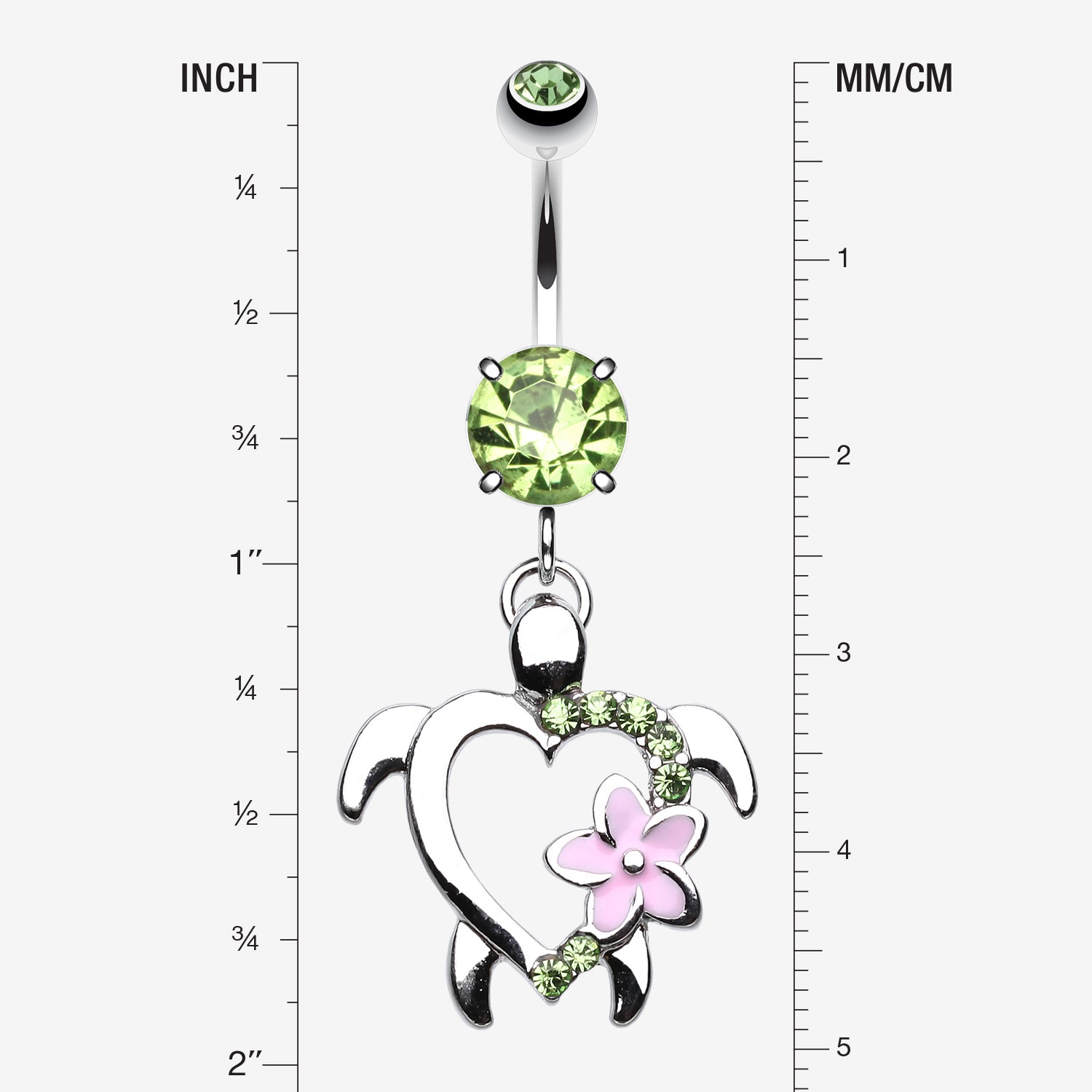 Detail View 1 of Hawaiian Flower Turtle Sparkle Belly Button Ring-Light Green