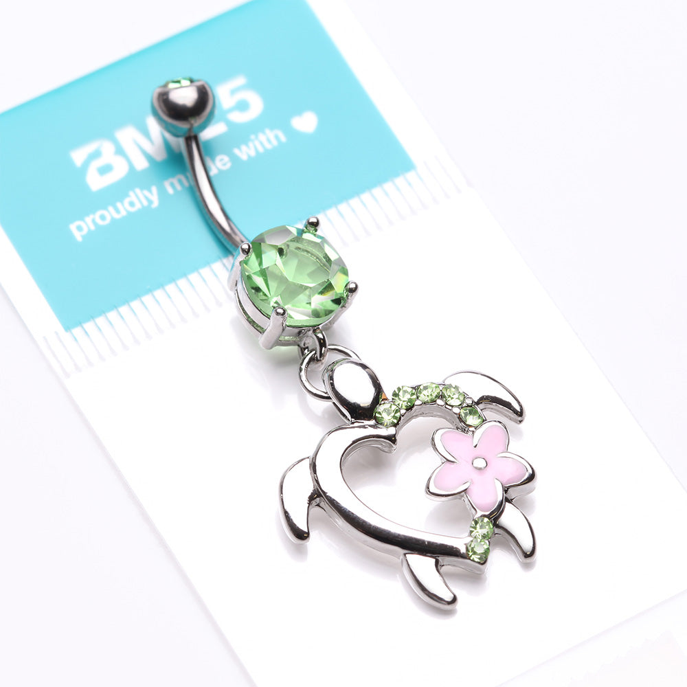 Detail View 4 of Hawaiian Flower Turtle Sparkle Belly Button Ring-Light Green