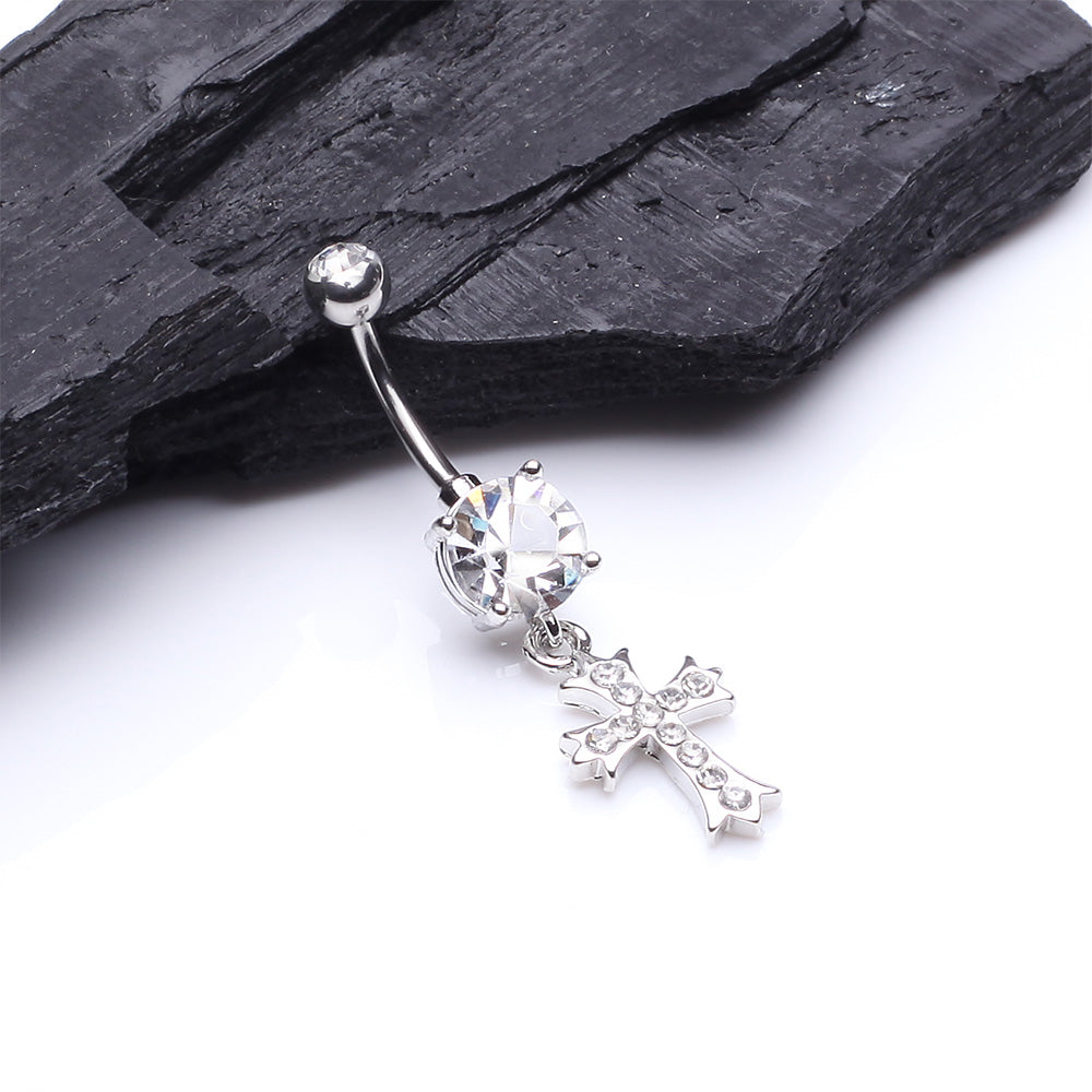 Detail View 2 of Cross Sparkle Dangle Belly Button Ring-Clear Gem