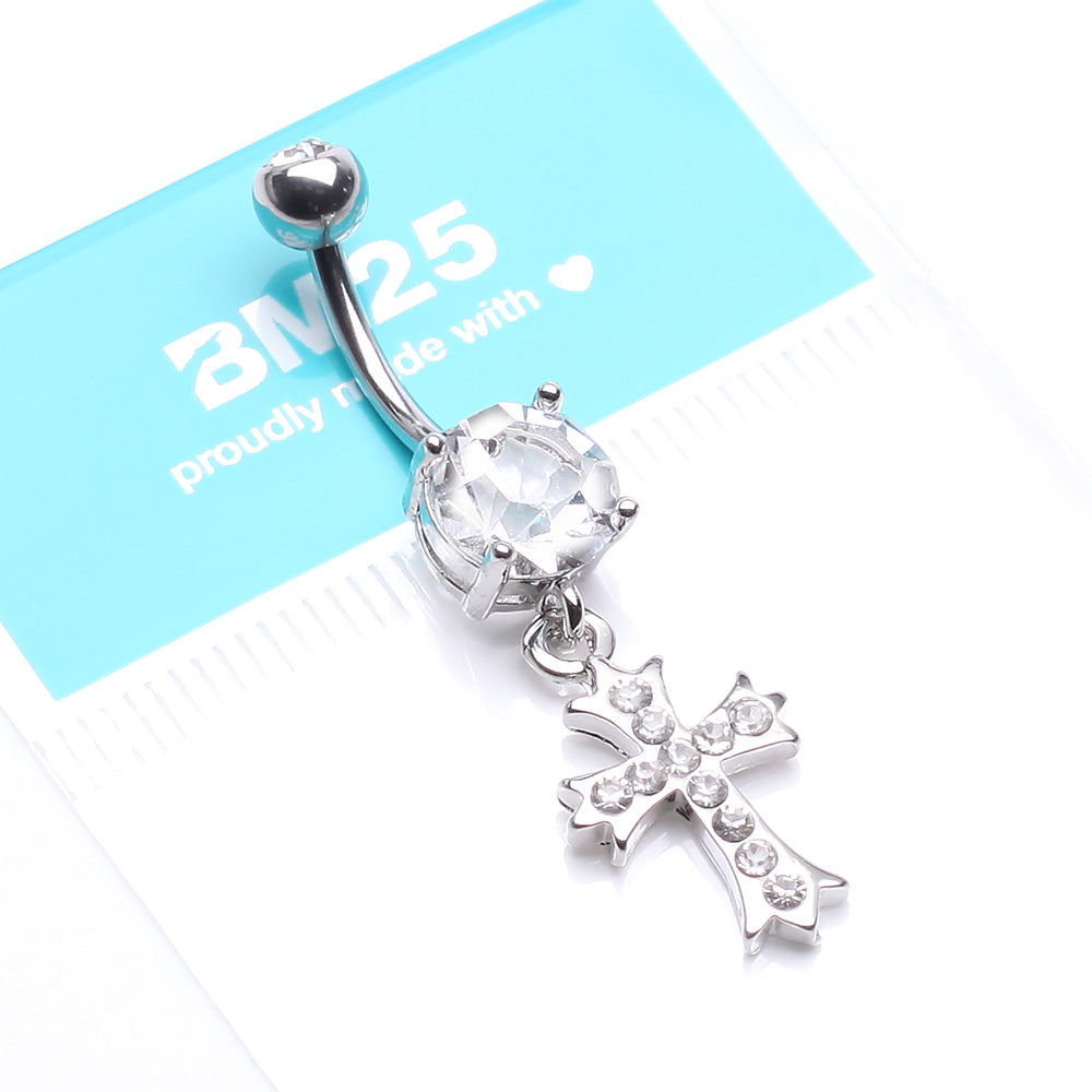 Detail View 4 of Cross Sparkle Dangle Belly Button Ring-Clear Gem