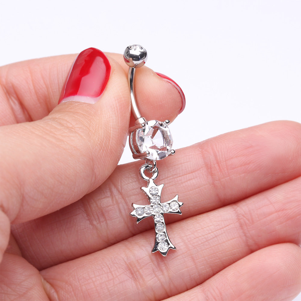Detail View 3 of Cross Sparkle Dangle Belly Button Ring-Clear Gem