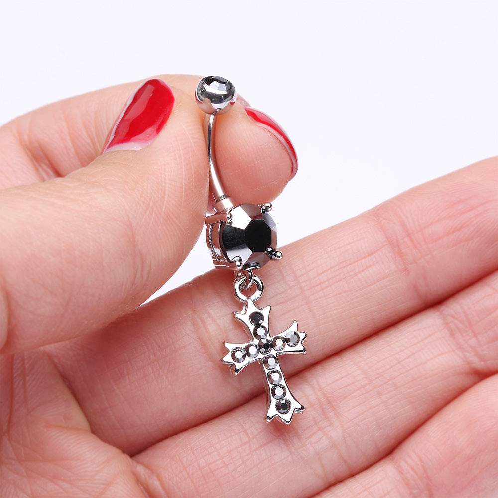Detail View 3 of Cross Sparkle Dangle Belly Button Ring-Hematite