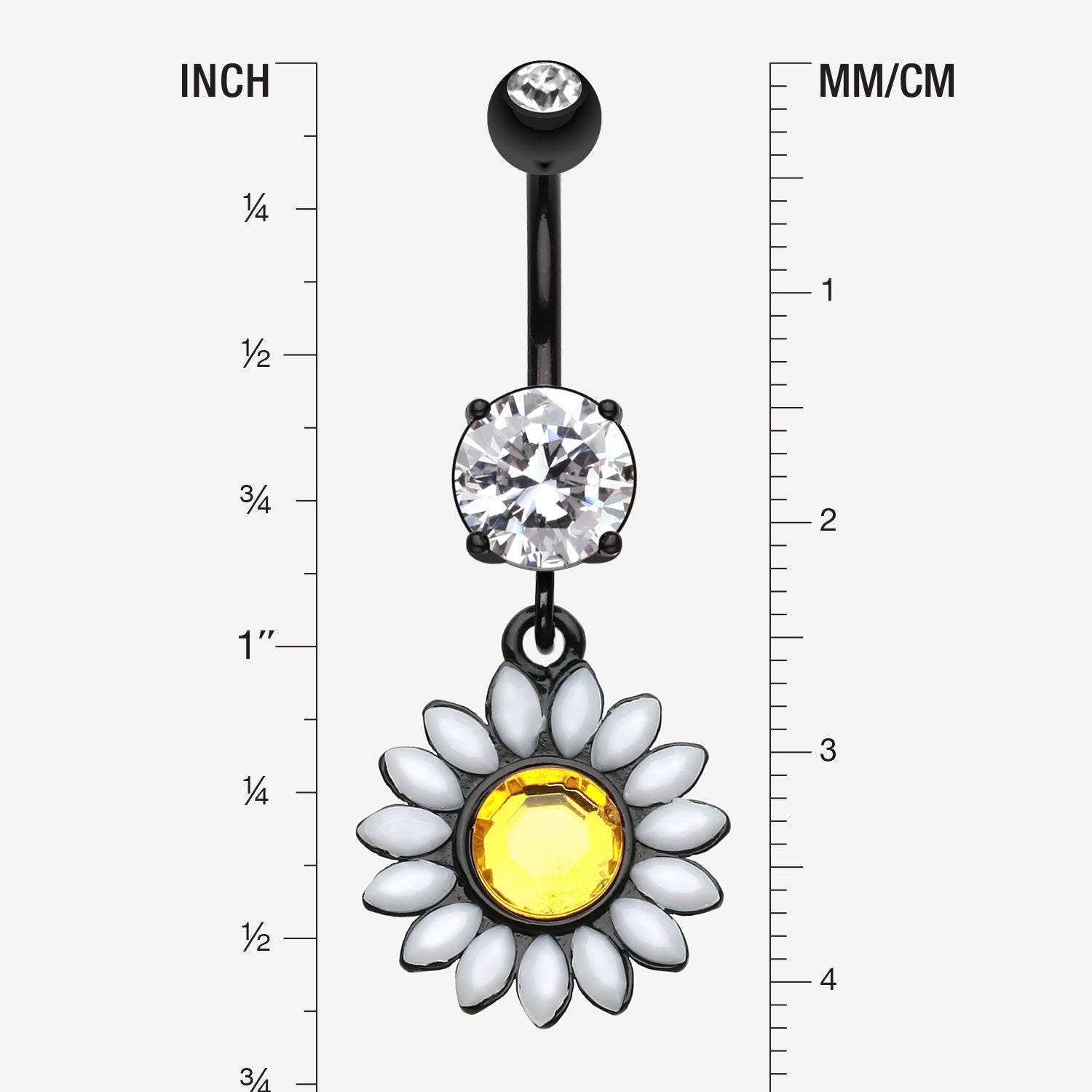 Detail View 1 of Blackline Daisy Marquise Flower Belly Button Ring-Yellow/Clear Gem