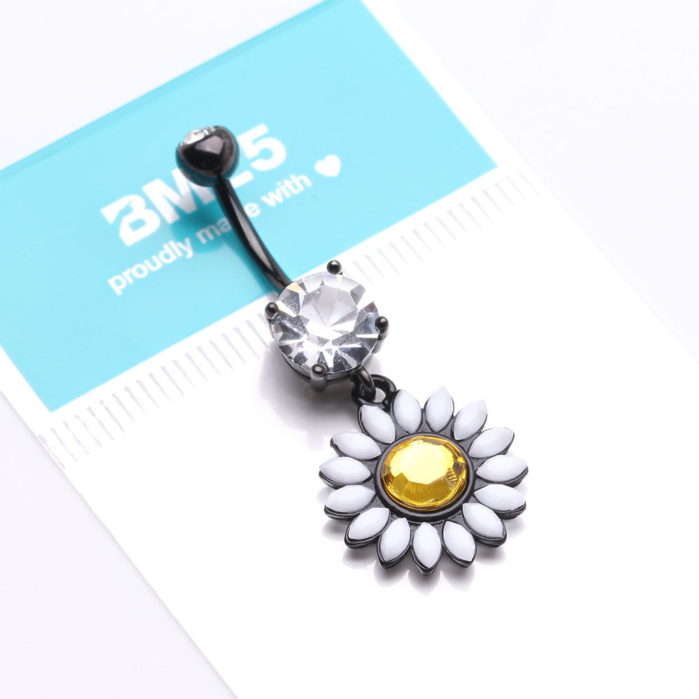 Detail View 4 of Blackline Daisy Marquise Flower Belly Button Ring-Yellow/Clear Gem