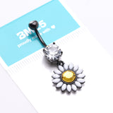 Detail View 4 of Blackline Daisy Marquise Flower Belly Button Ring-Yellow/Clear Gem
