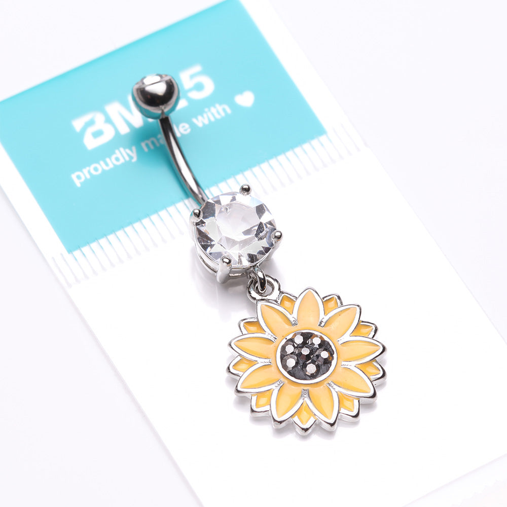 Detail View 4 of Beach Sunflower Sparkle Belly Button Ring-Clear Gem/Hematite