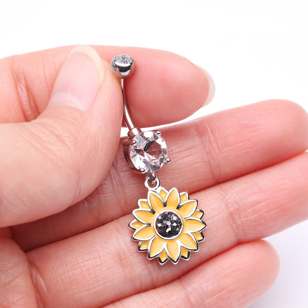 Detail View 3 of Beach Sunflower Sparkle Belly Button Ring-Clear Gem/Hematite