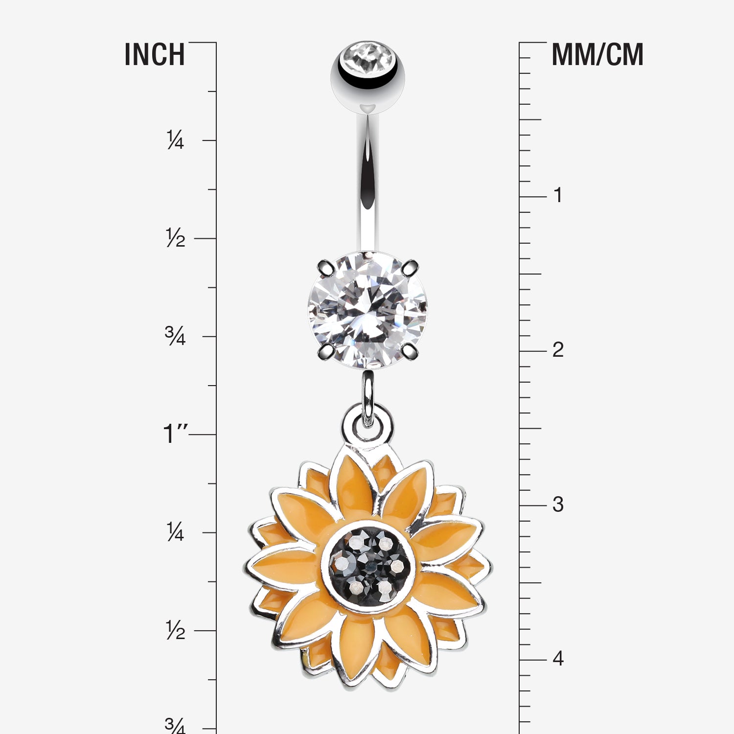 Detail View 1 of Beach Sunflower Sparkle Belly Button Ring-Clear Gem/Hematite