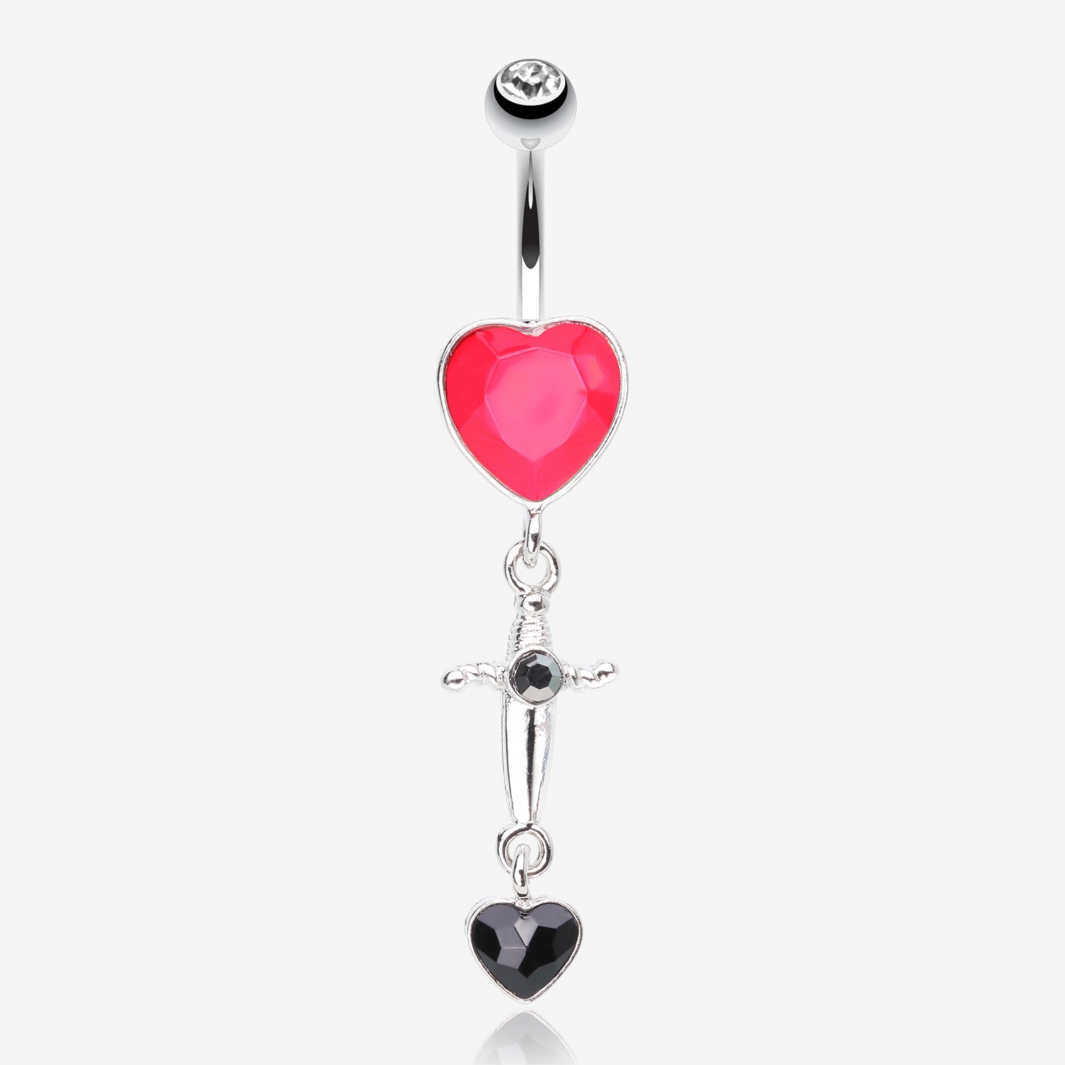 Dagger Heart Sparkle Dangle Belly Button Ring-Clear Gem/Red