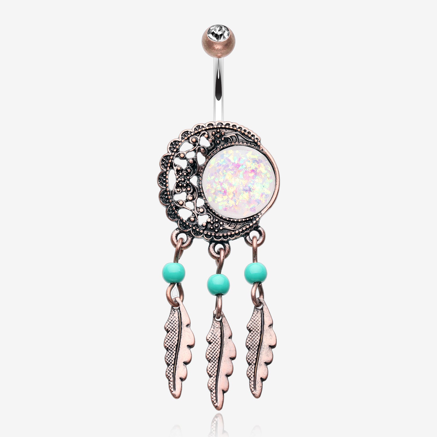 Vintage Boho Filigree Moon Opal Dreamcatcher Belly Button Ring-Brass/Clear/White