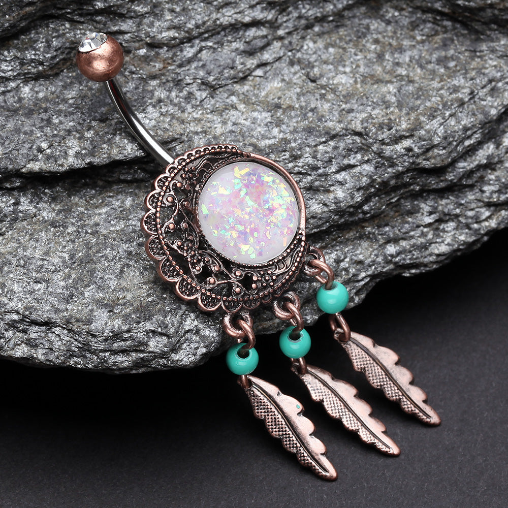 Detail View 3 of Vintage Boho Filigree Moon Opal Dreamcatcher Belly Button Ring-Brass/Clear/White