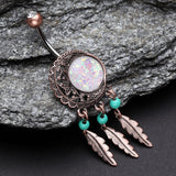 Detail View 3 of Vintage Boho Filigree Moon Opal Dreamcatcher Belly Button Ring-Brass/Clear/White