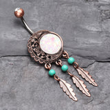 Detail View 2 of Vintage Boho Filigree Moon Opal Dreamcatcher Belly Button Ring-Brass/Clear/White