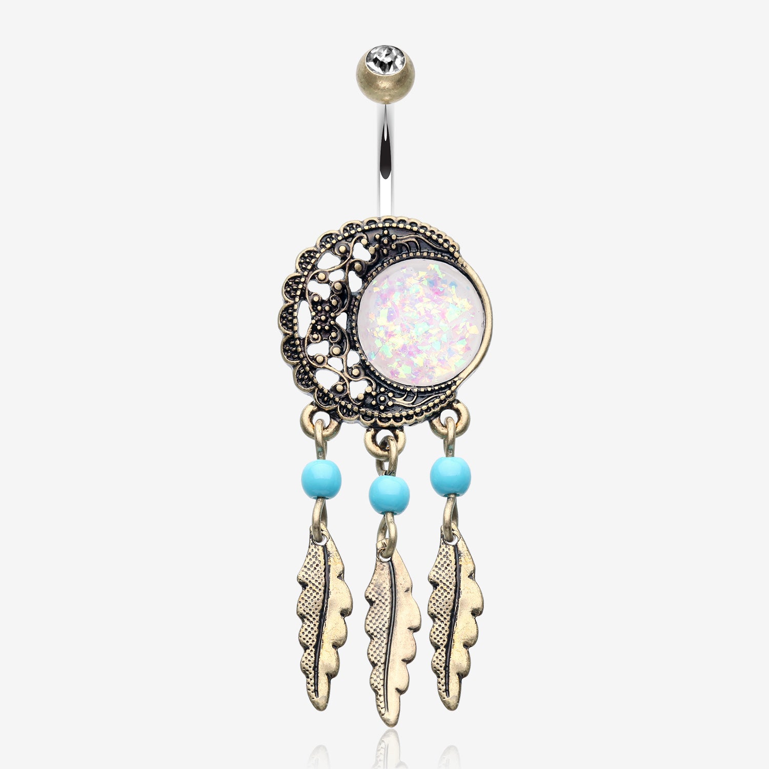 Vintage Boho Filigree Moon Opal Dreamcatcher Belly Button Ring-Copper/Clear/White