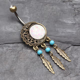 Detail View 2 of Vintage Boho Filigree Moon Opal Dreamcatcher Belly Button Ring-Copper/Clear/White