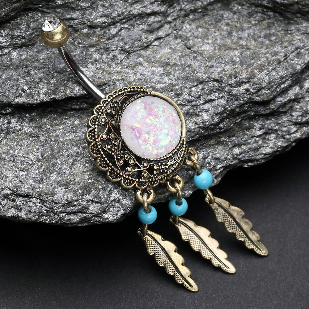 Detail View 3 of Vintage Boho Filigree Moon Opal Dreamcatcher Belly Button Ring-Copper/Clear/White