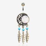 Vintage Boho Filigree Moon Opal Dreamcatcher Belly Button Ring