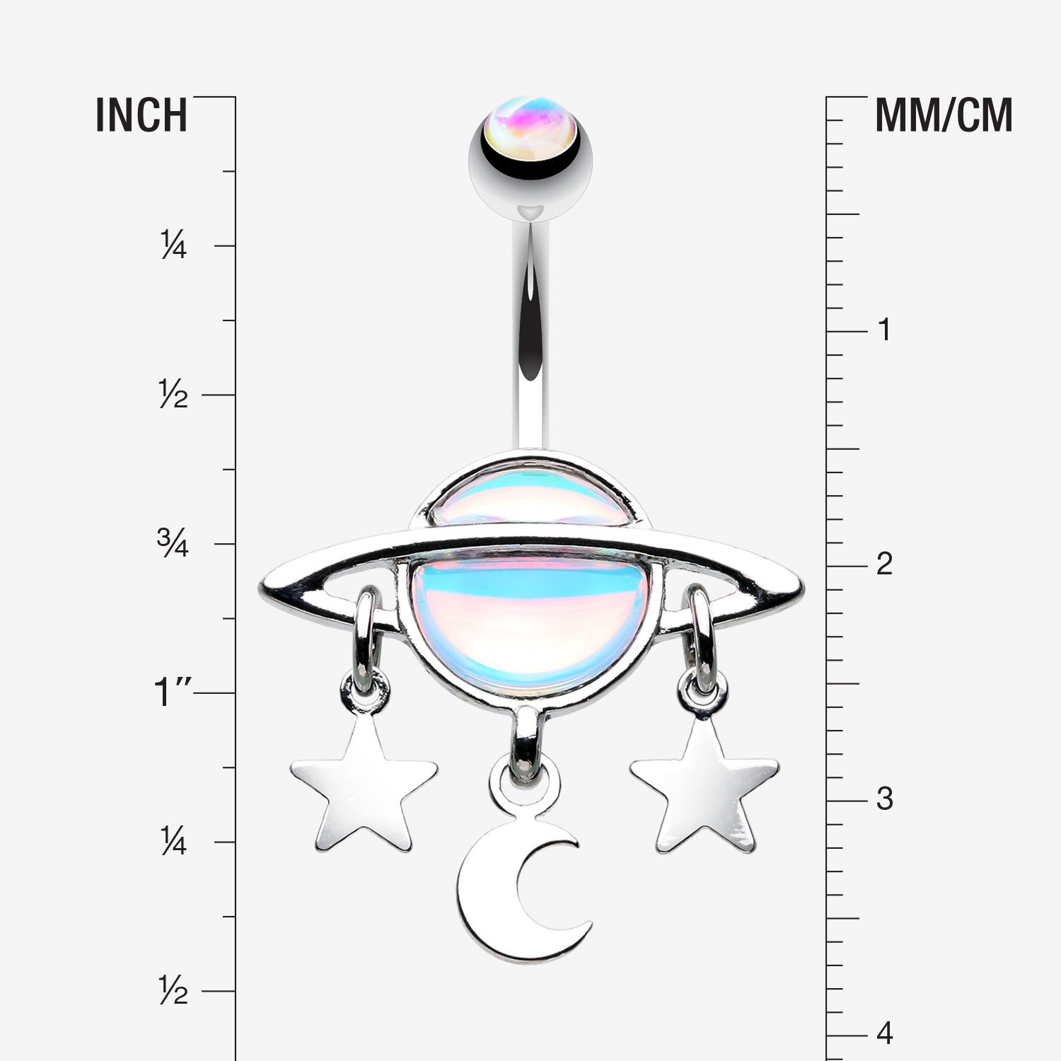 Detail View 1 of Iridescent Revo Sparkle Saturn with Stars and Moon Belly Button Ring