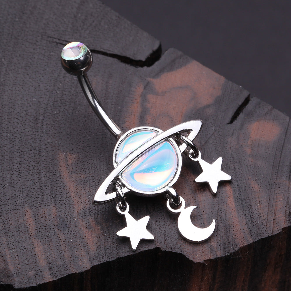 Detail View 2 of Iridescent Revo Sparkle Saturn with Stars and Moon Belly Button Ring