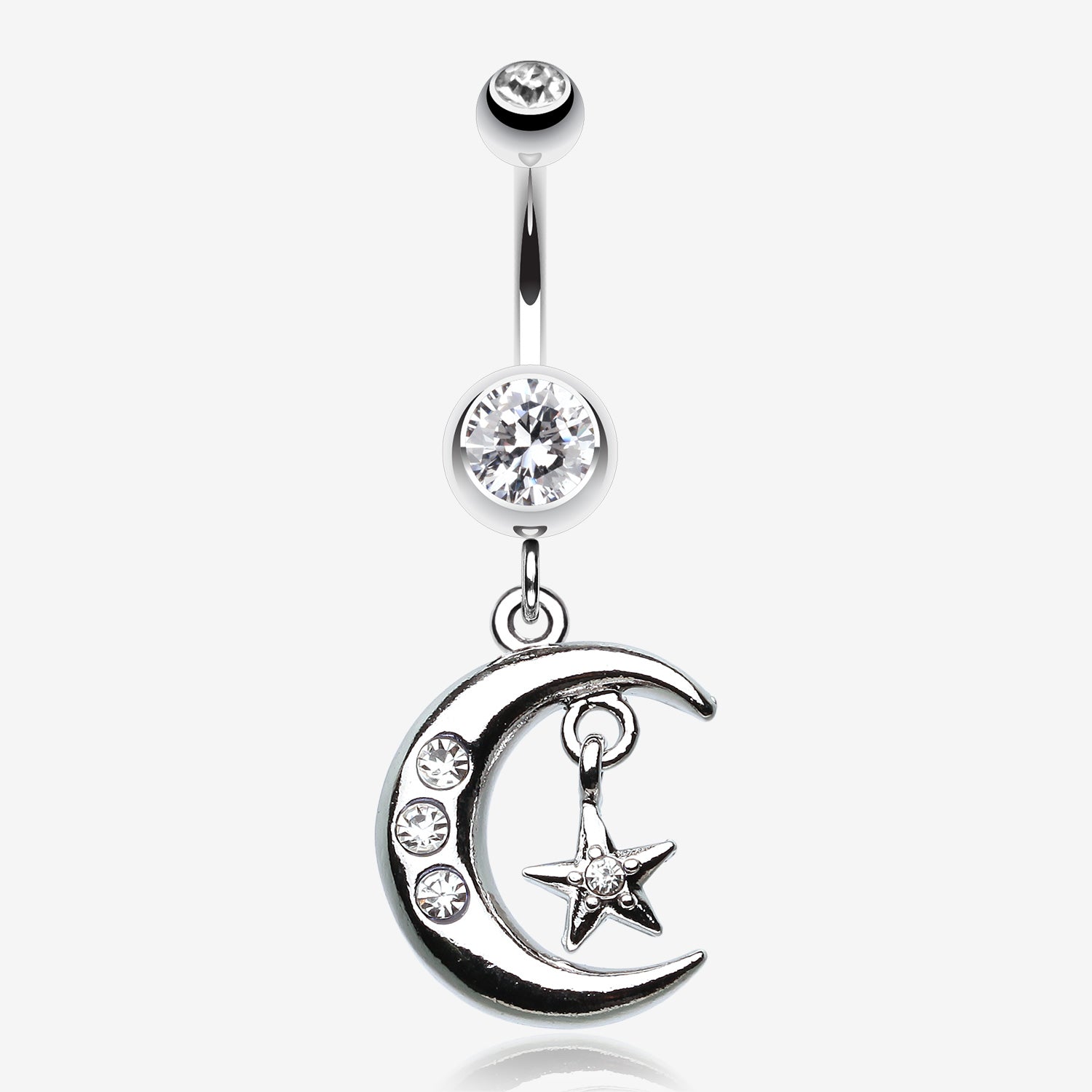 Glistening Moon and Star Belly Button Ring-Clear Gem