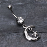 Detail View 2 of Glistening Moon and Star Belly Button Ring-Clear Gem