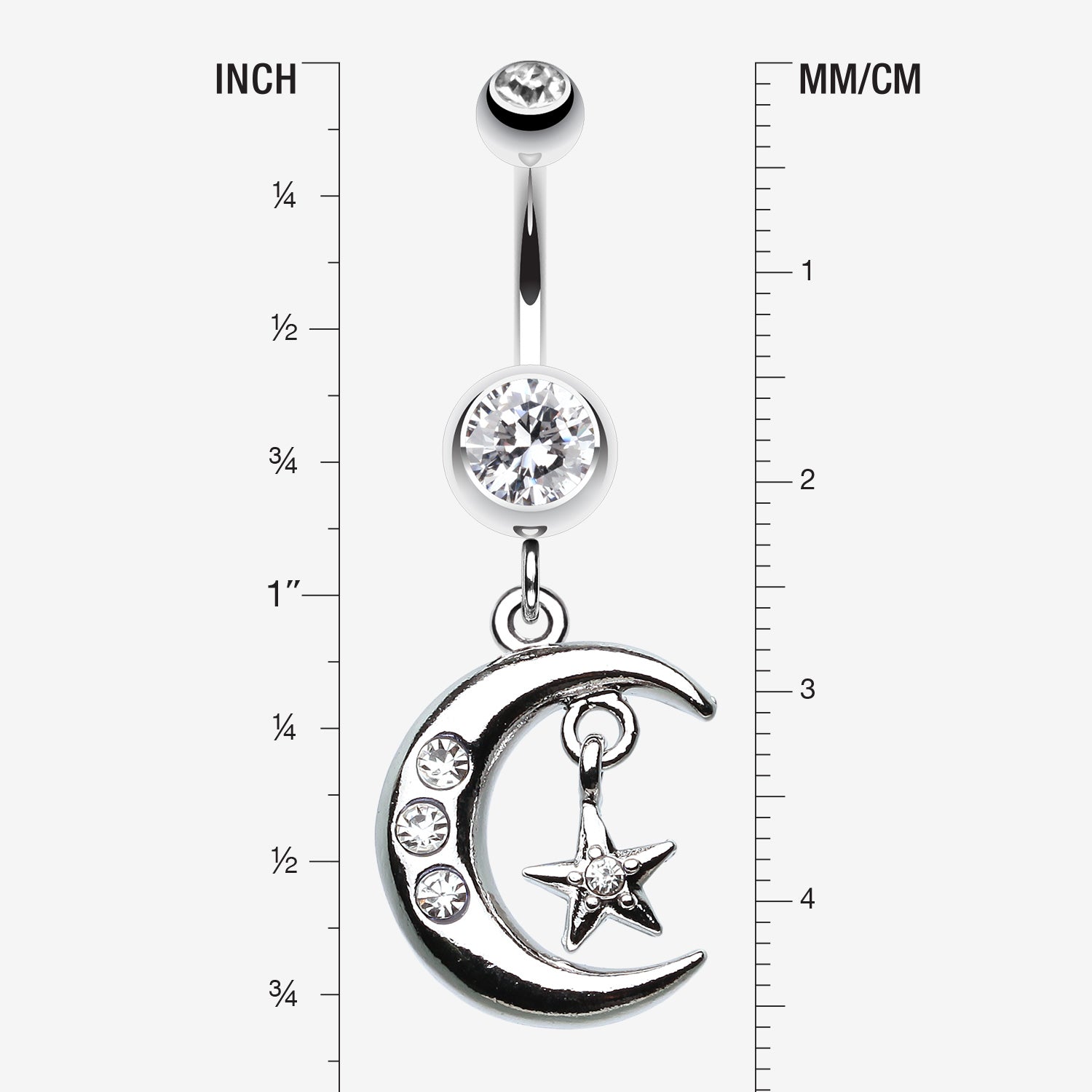 Detail View 1 of Glistening Moon and Star Belly Button Ring-Clear Gem