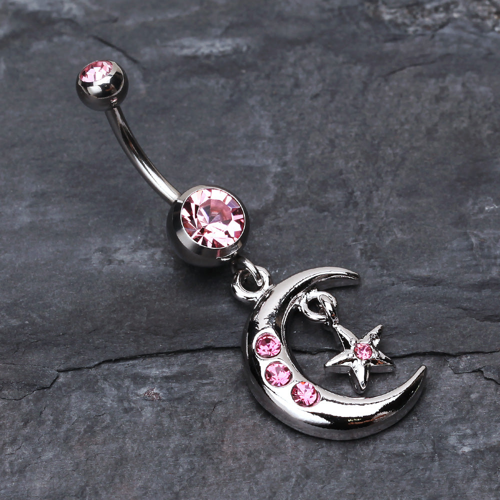 Detail View 2 of Glistening Moon and Star Belly Button Ring-Light Pink
