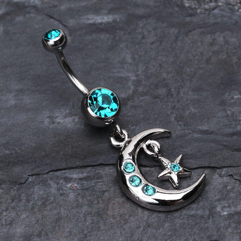 Detail View 2 of Glistening Moon and Star Belly Button Ring-Teal