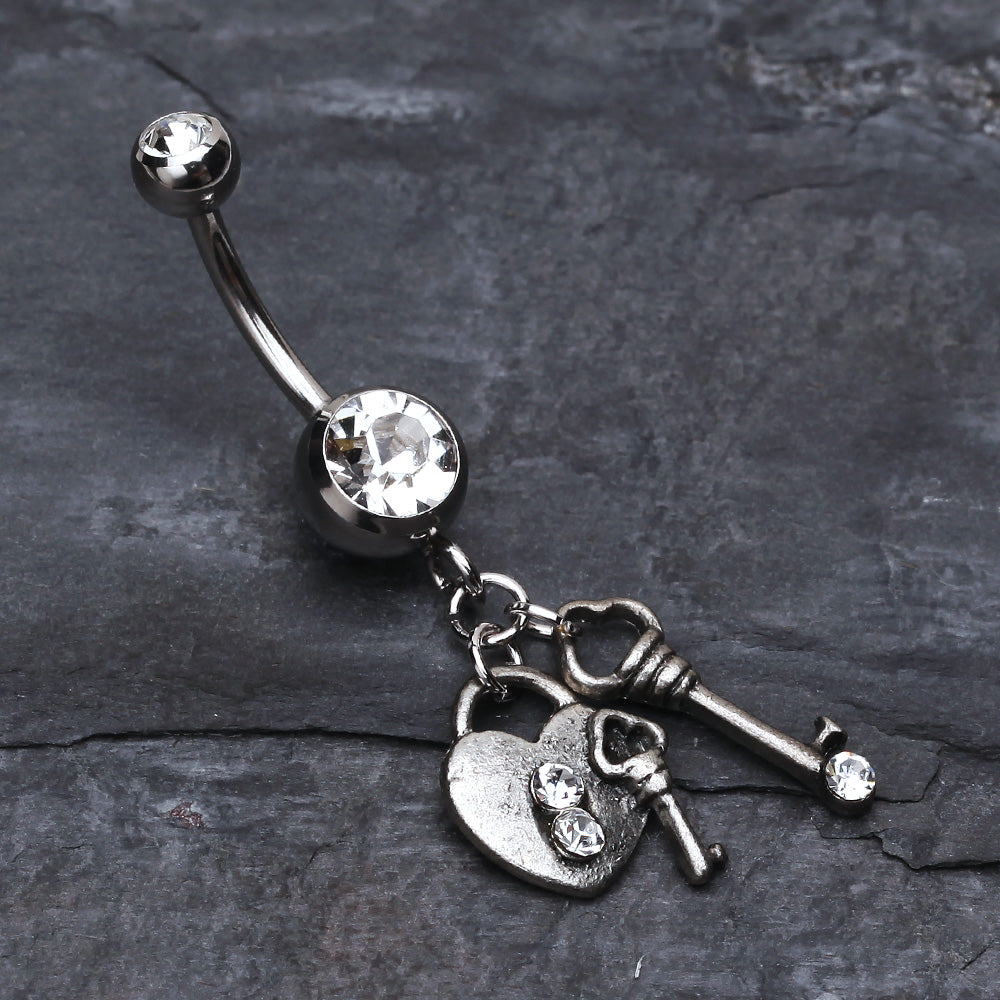 Detail View 2 of Love Lock Down Belly Button Ring-Clear Gem