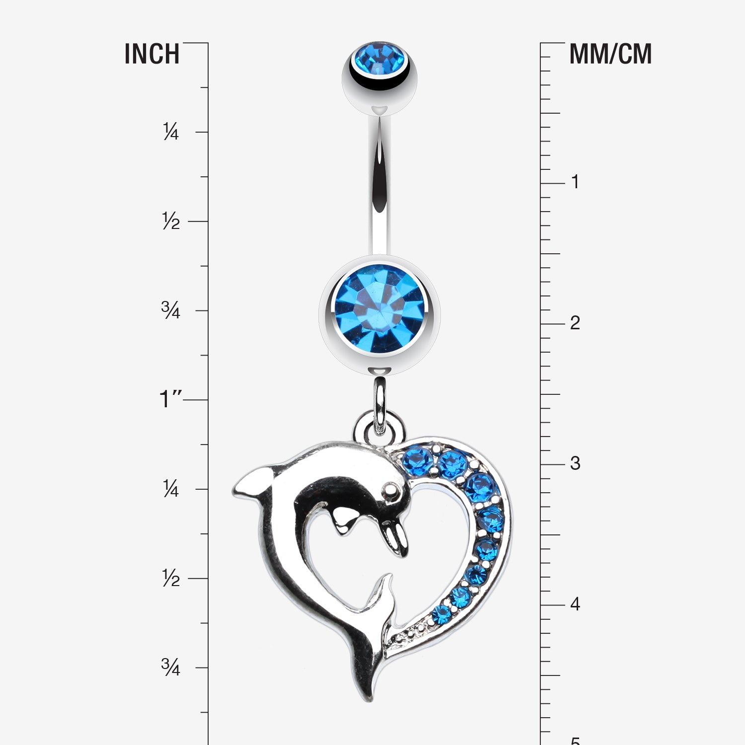 Detail View 1 of Enchanting Heart Dolphin Belly Button Ring-Capri Blue