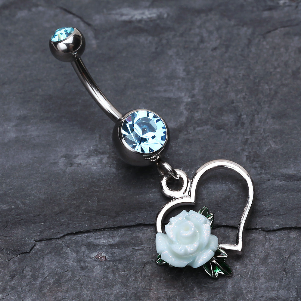 Detail View 2 of Glittering Sweet Heart with Rose Belly Button Ring-Aqua
