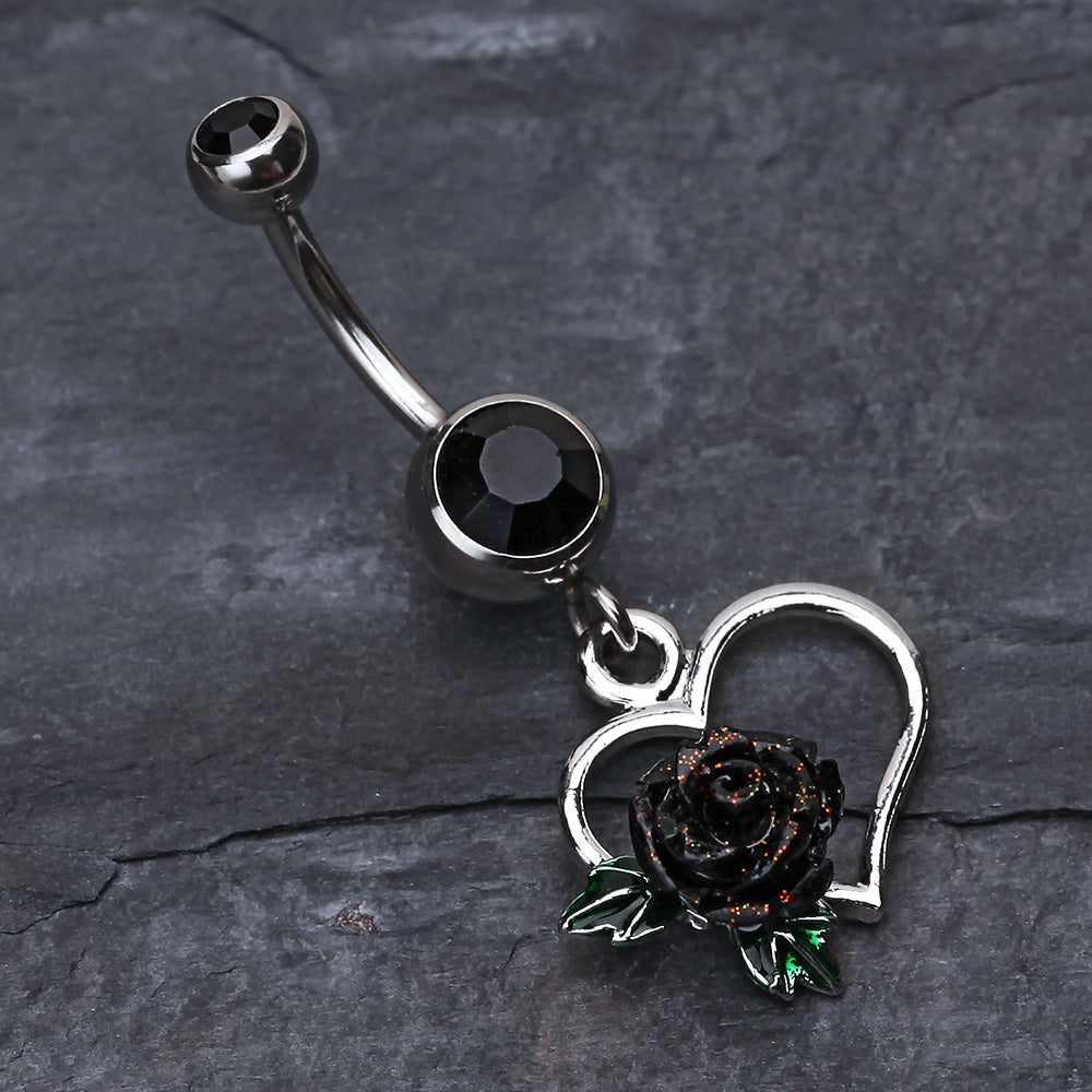 Detail View 2 of Glittering Sweet Heart with Rose Belly Button Ring-Black