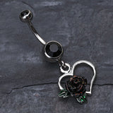 Detail View 2 of Glittering Sweet Heart with Rose Belly Button Ring-Black