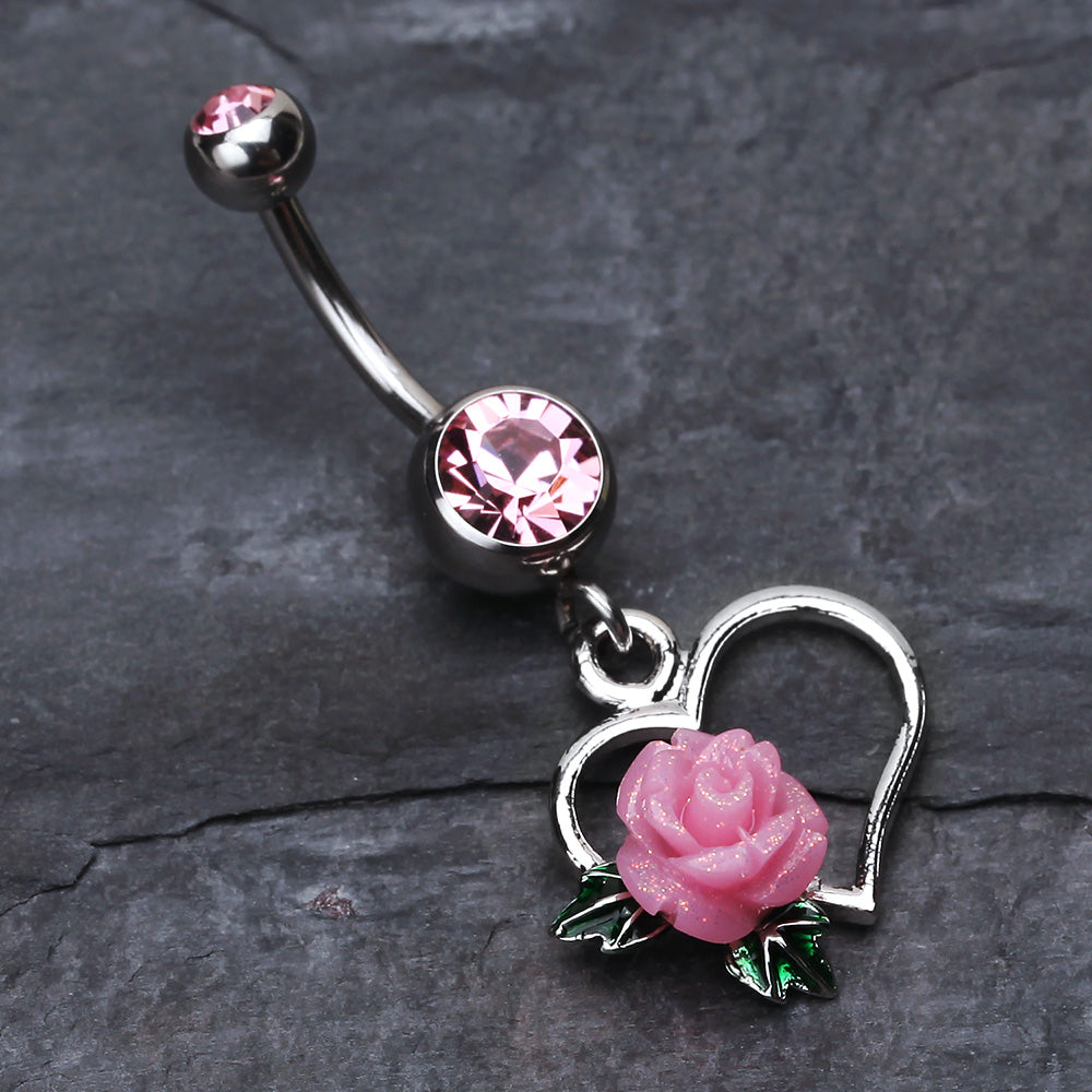 Detail View 2 of Glittering Sweet Heart with Rose Belly Button Ring-Light Pink