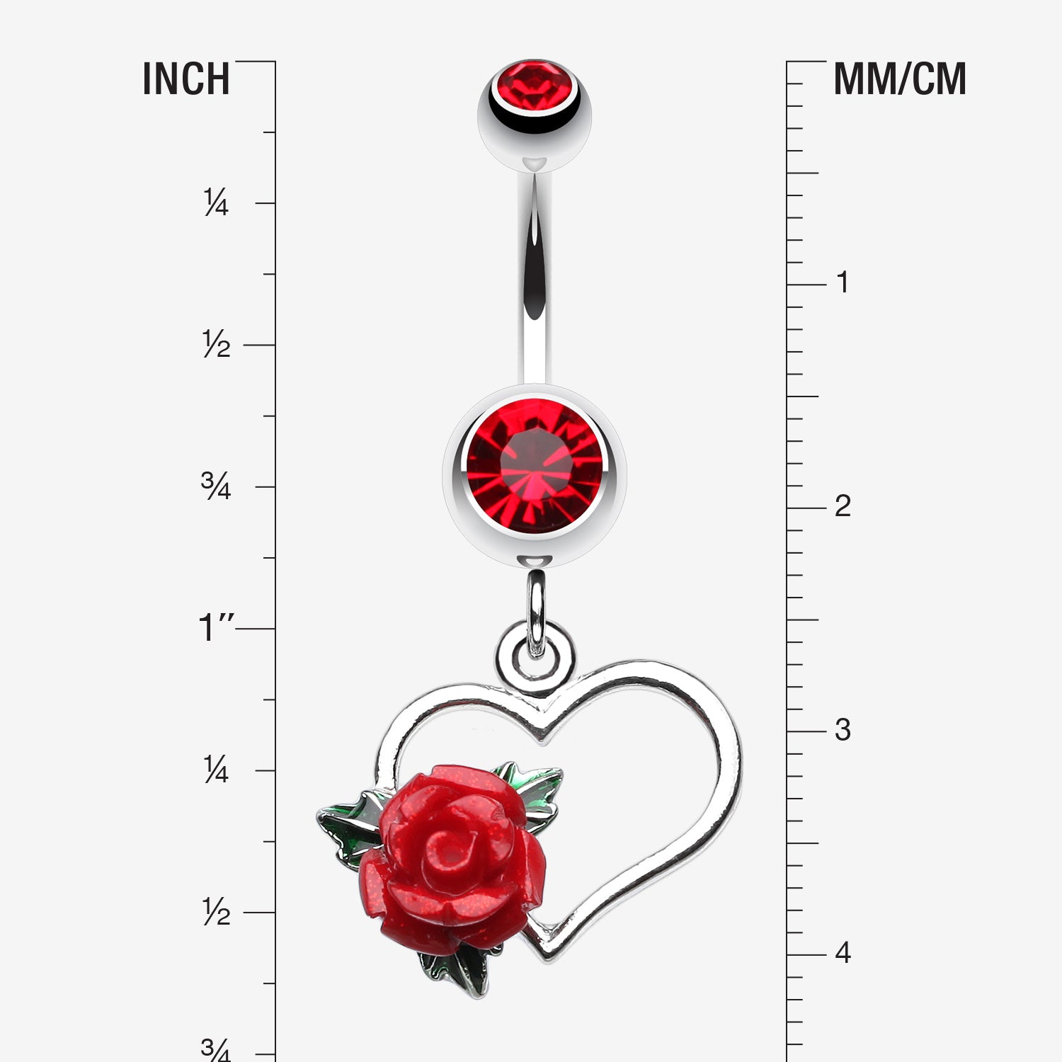 Detail View 1 of Glittering Sweet Heart with Rose Belly Button Ring-Red