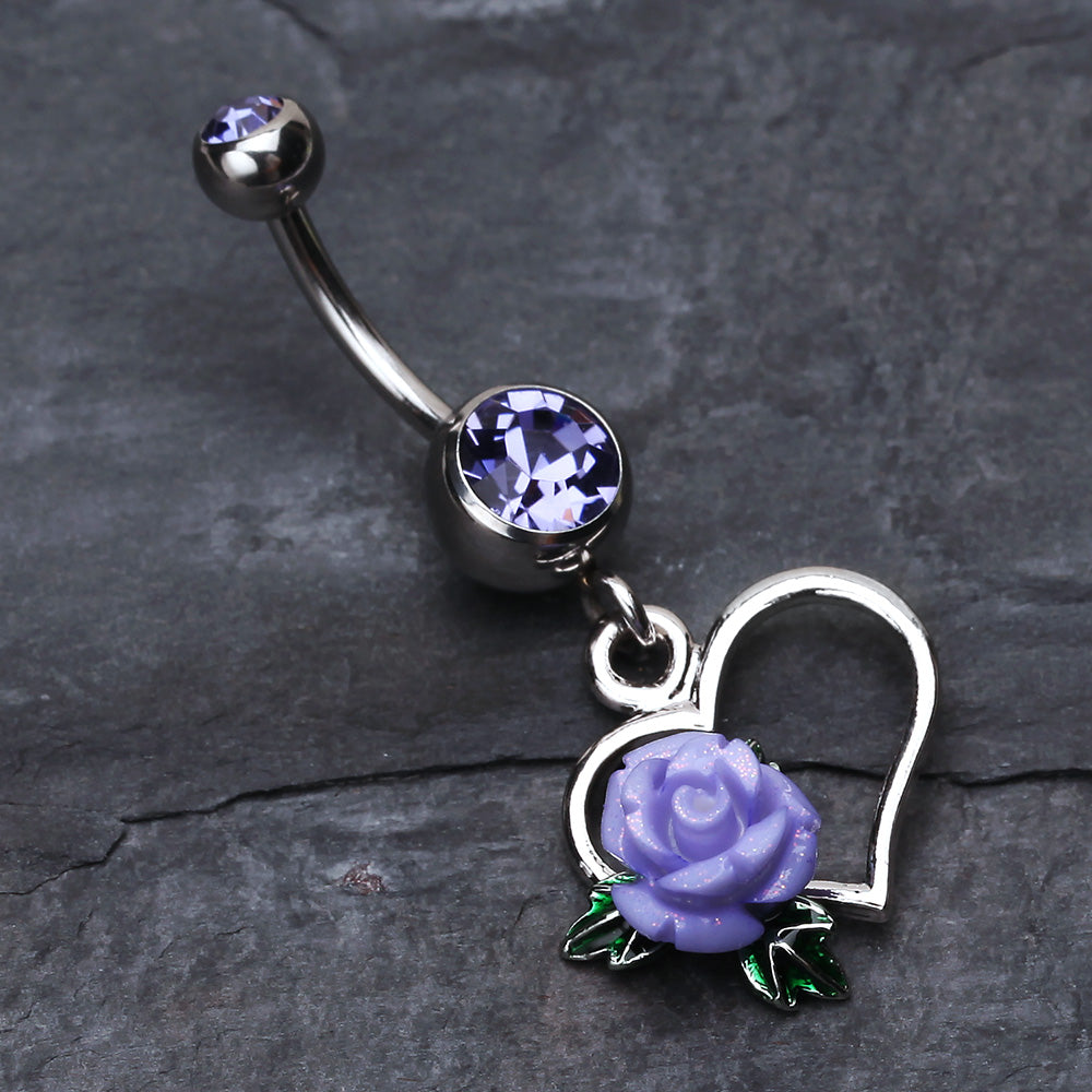 Detail View 2 of Glittering Sweet Heart with Rose Belly Button Ring-Tanzanite