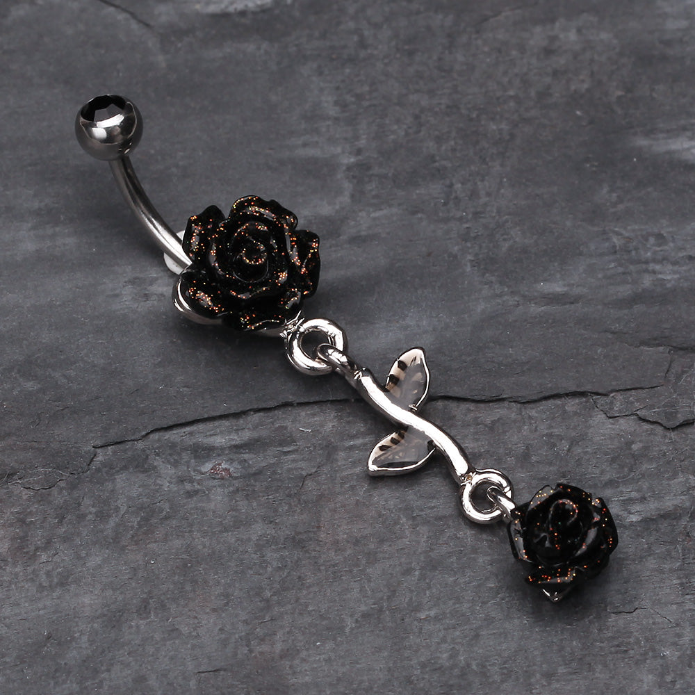 Detail View 2 of Shimmering Rose Vine Belly Ring-Black