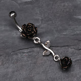 Detail View 2 of Shimmering Rose Vine Belly Ring-Black