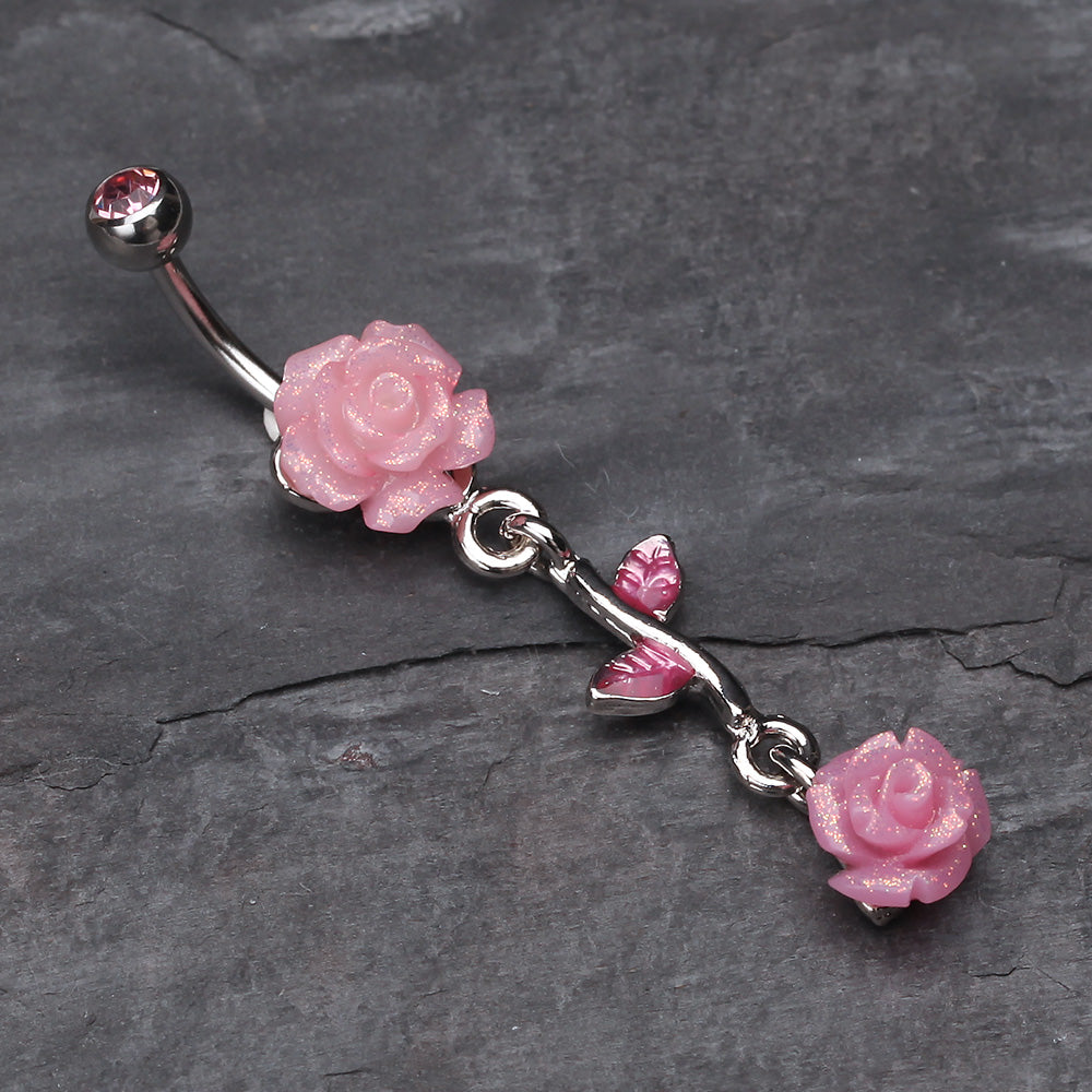 Detail View 2 of Shimmering Rose Vine Belly Ring-Light Pink